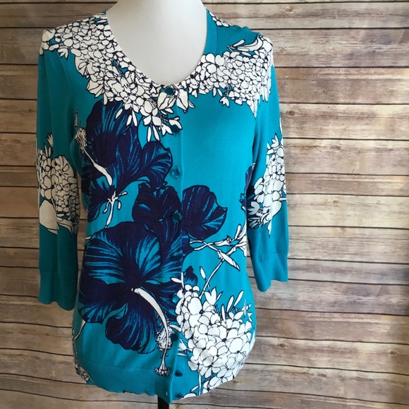 Talbots Sweaters - Talbots Woman Petites Blue Floral Cardigan Size Xp